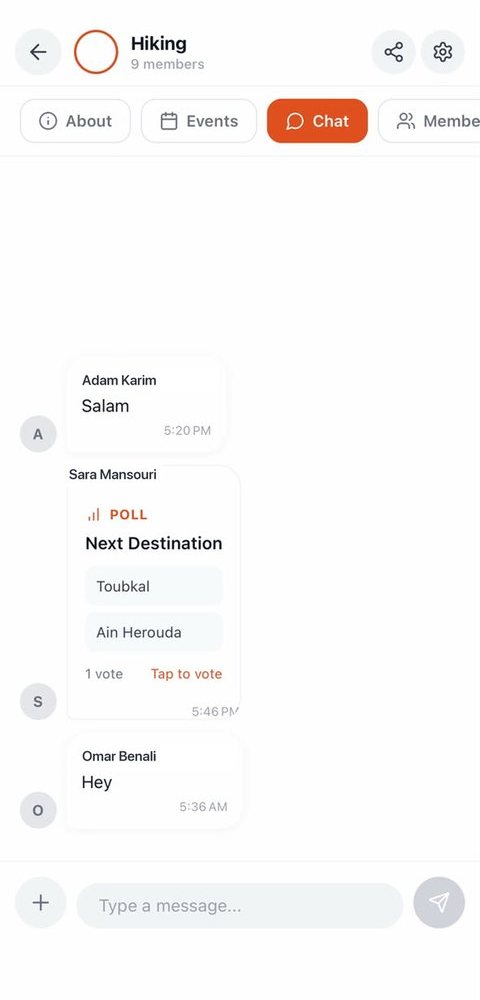 Community chat with messages and a poll for the next hiking destination
