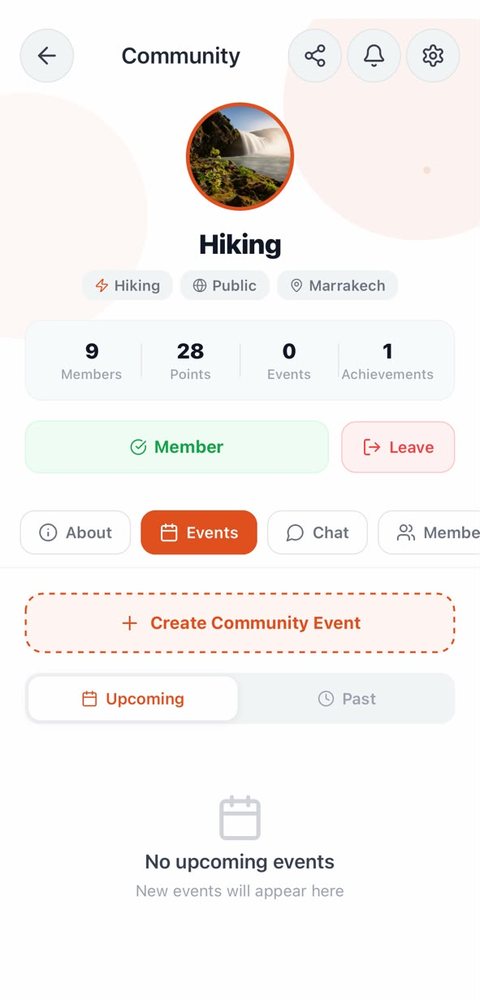 A hiking community page with members, points, events and a Create Community Event button