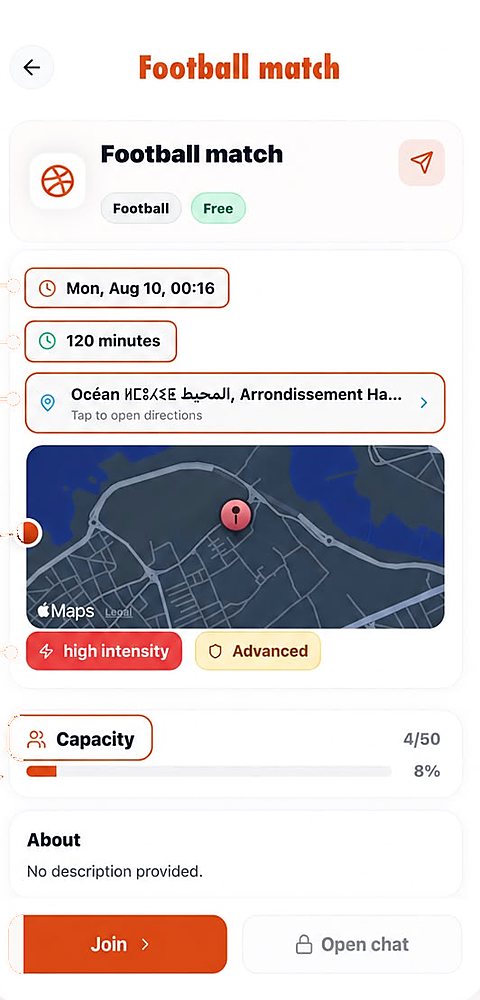 Event details with date, duration, map, intensity and capacity