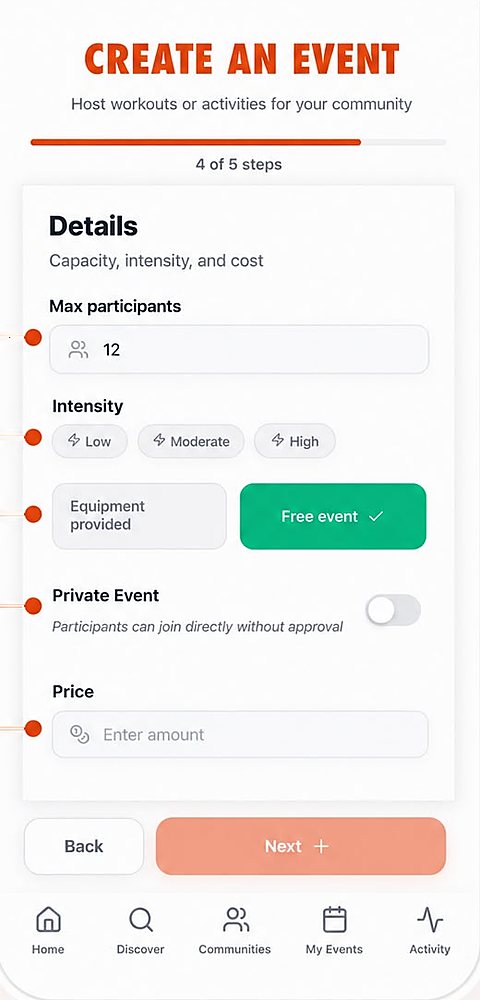 Max participants, intensity, equipment, private event and price