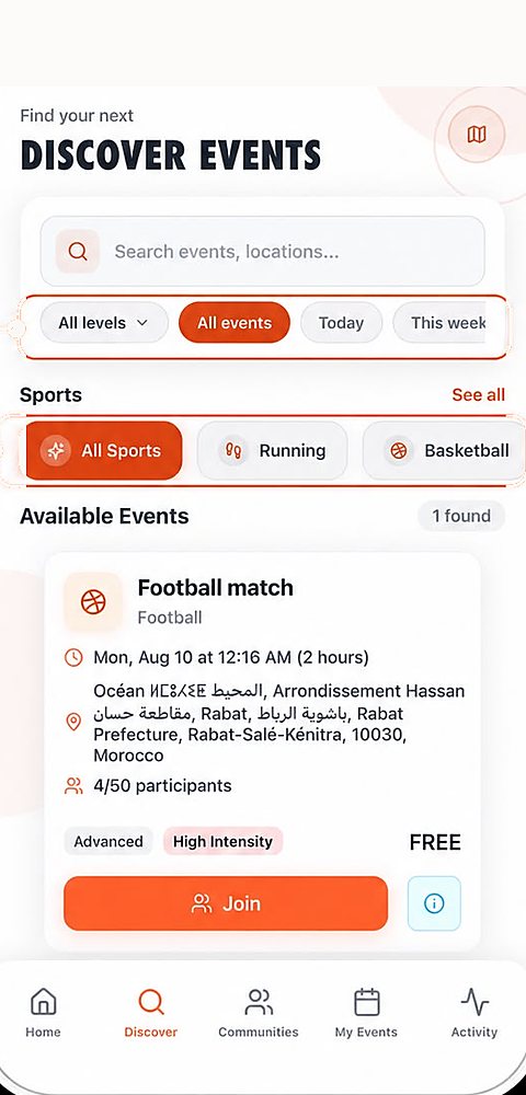 Filters for level, date and sport