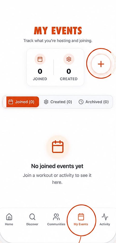 My Events screen with the + button