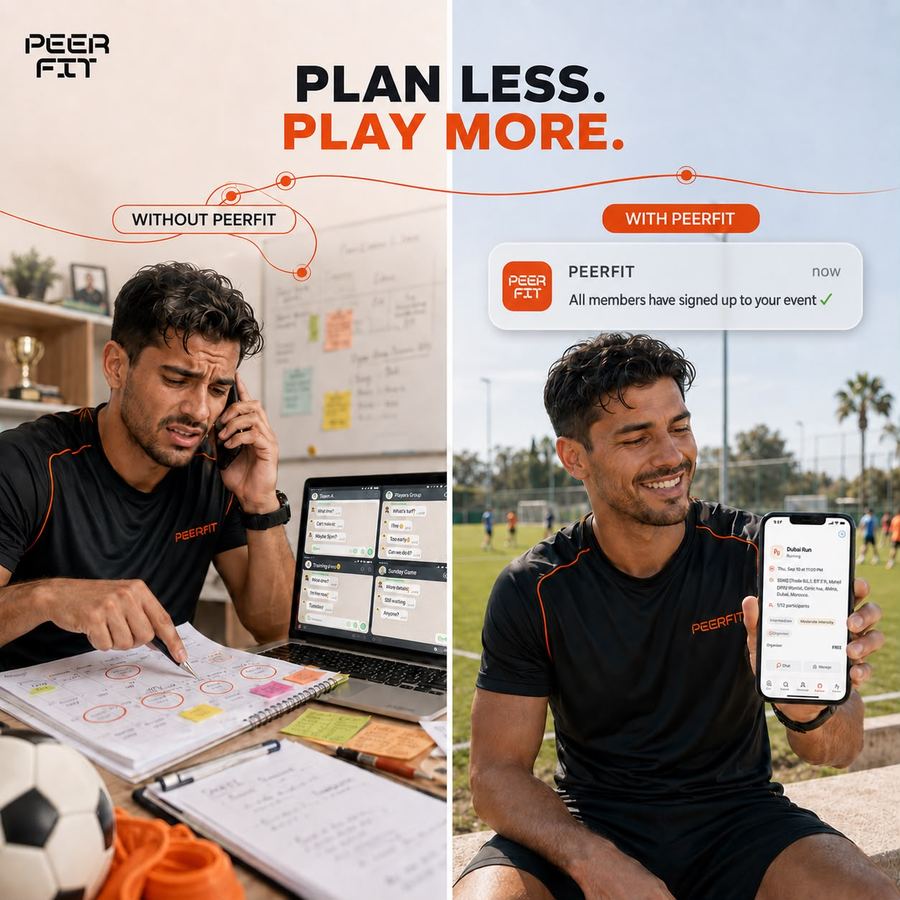 Without PeerFit, an organiser juggles calls, notes and group chats. With PeerFit, he gets a notification that all members signed up to his event.