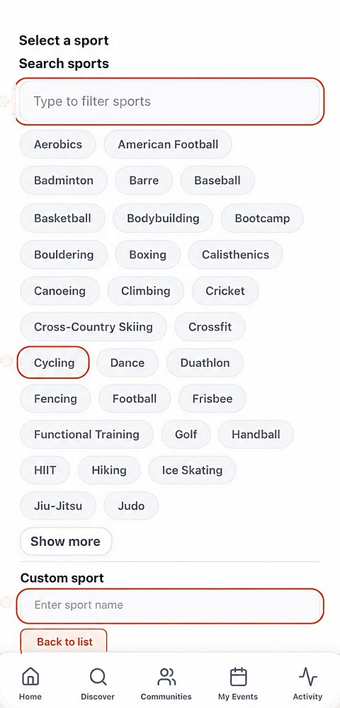 Sport list with search and custom sport